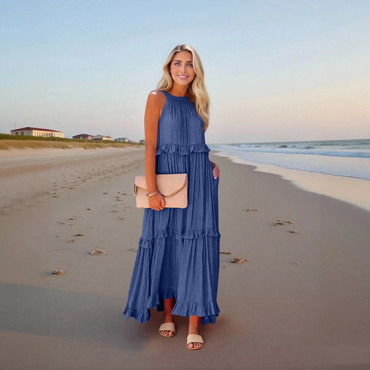 Women's Ruffled hem layered long dresses Summer Sleeveless backless dress Fashion Long Dress Big Swing Beach Dress vestidos