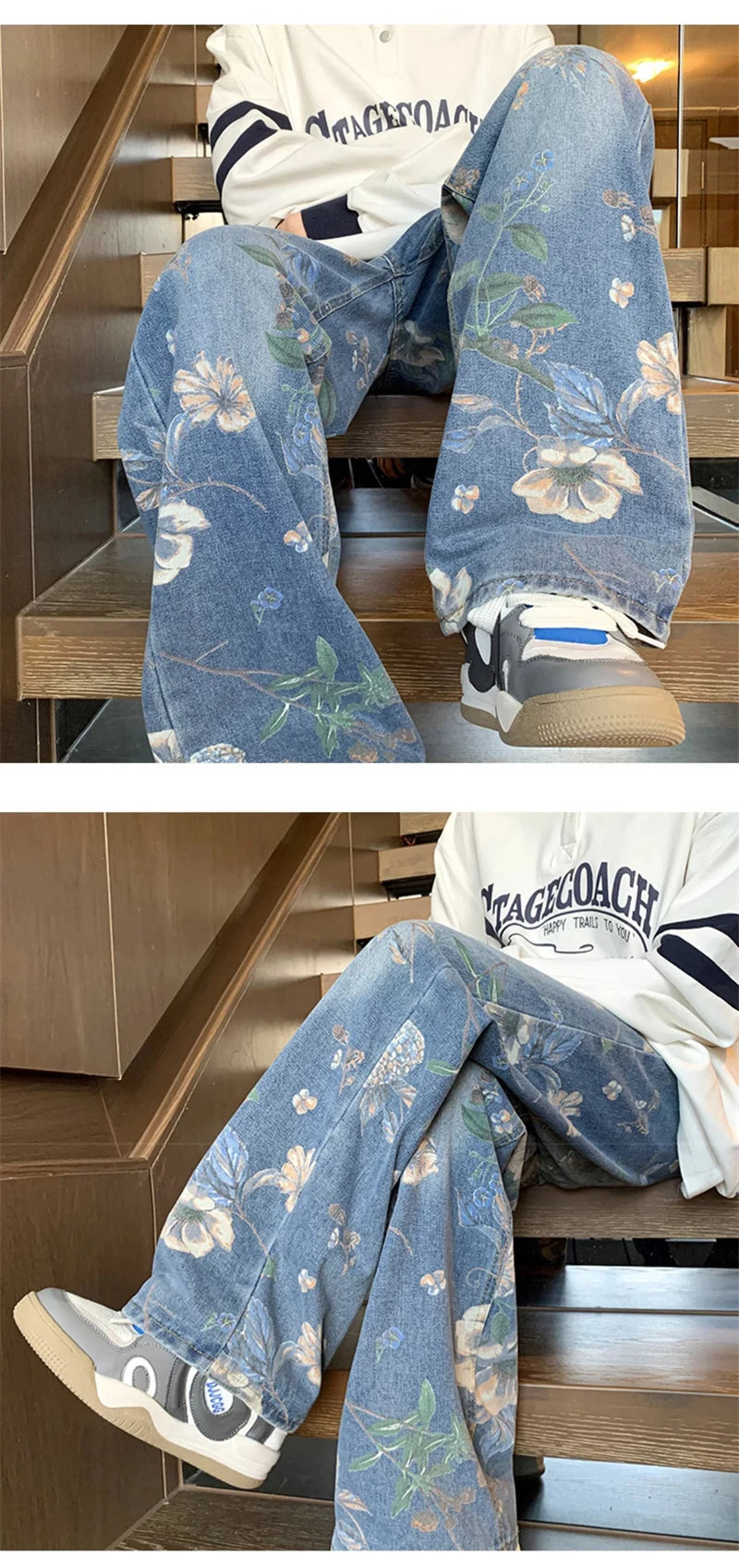 American High Street Floral Printed Jeans For Men 2024 New Y2K Vintage Denim Trousers Hip Hop Fashion Wide-leg Baggy Jean Pants