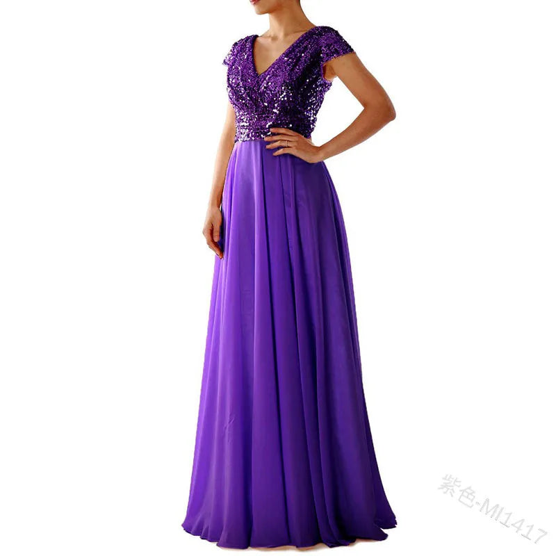 Elegant Sequins Chiffon Dress for Women V Neck Pleated Hem Female Sequins Chiffon Prom Cocktail Long Dress Wedding Evening Dress