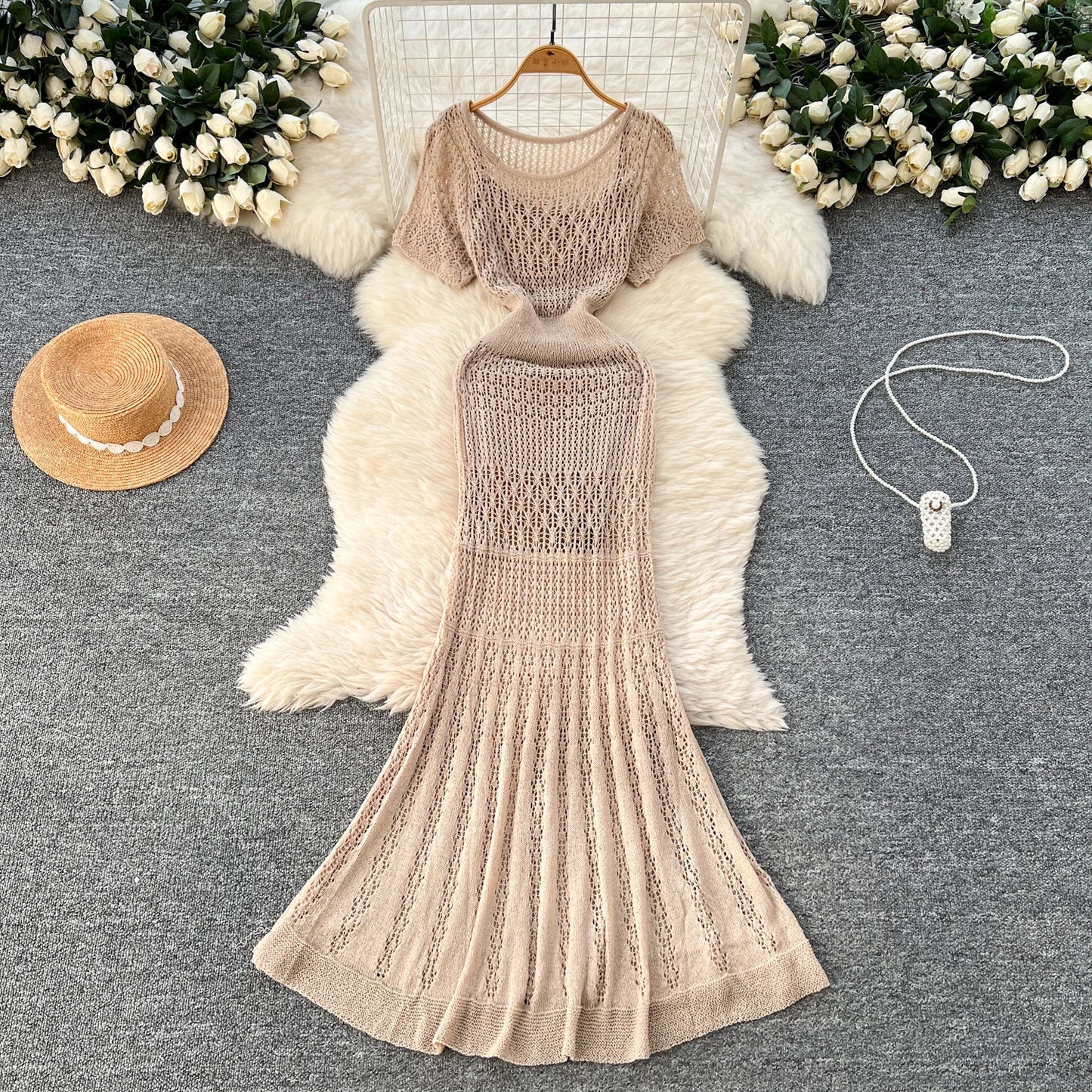 SINGREINY Vacation Style Casual Dress Suits Solid Strap Short Sundress+Knitting Hollow Out Long Dress Korean Women Beach Sets