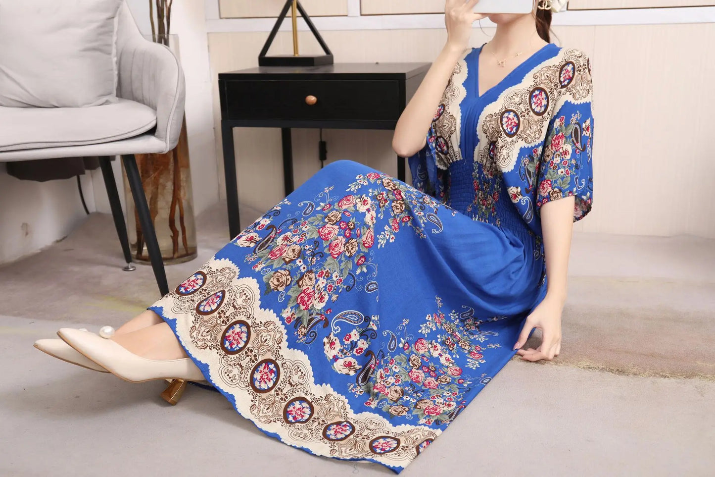 V-neck Large Skirt Hem Casual Sweet Holiday Long Dress Bat Sleeves Elastic Waist Bohemian Print Floral Elegant Dresse For Women