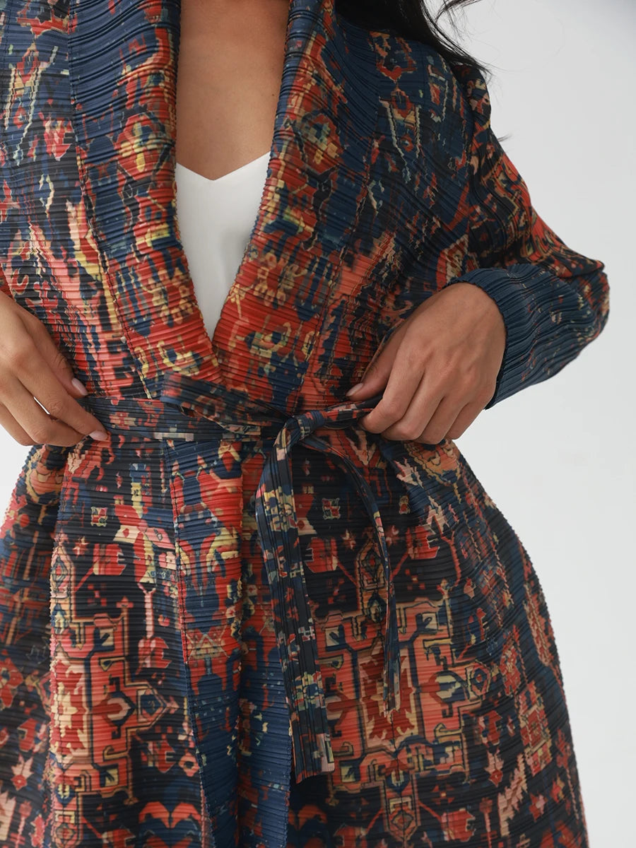 Miyake Pleated V-neck Batwing Sleeve Printed Dress Women Designer Abaya Fashion Summer Elegant Causal Loose Long Dress