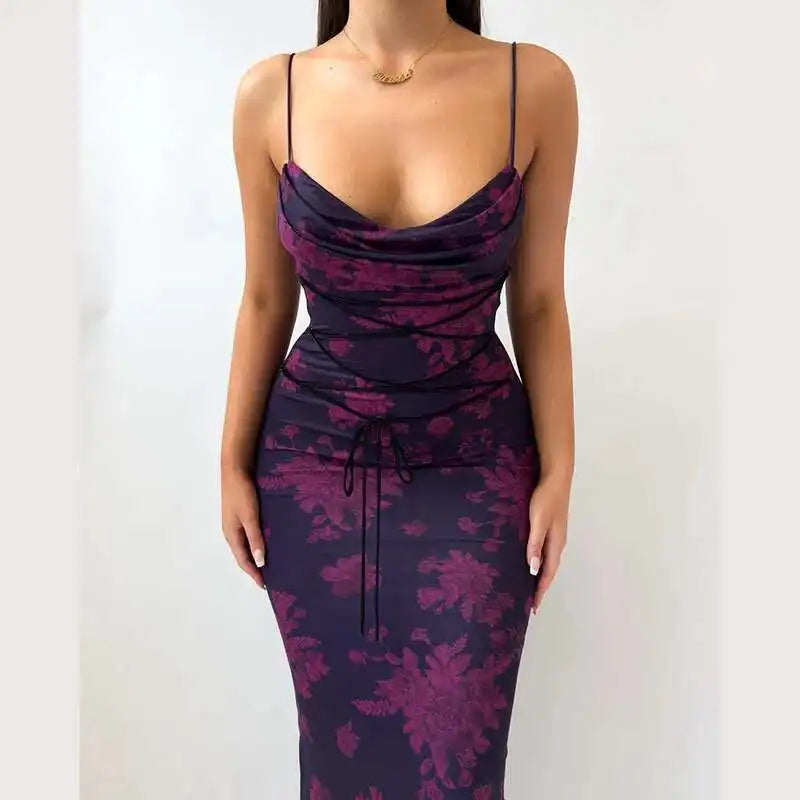 Avrilyaan Pile Collar Print Backless Sexy Dress Women 2024 Elegant Holiday Casual Dress Bodycon Summer Maxi Long Dress Vestido