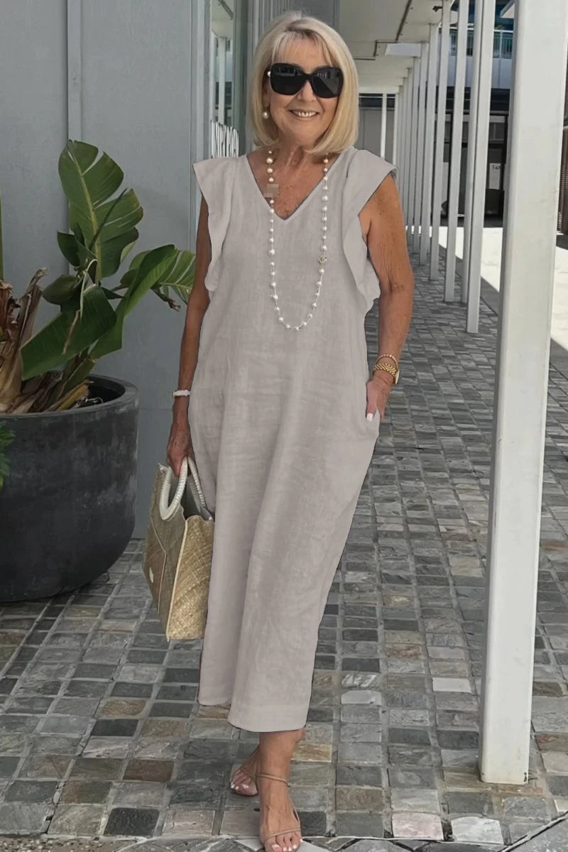 Summer Cotton And Linen Dress For Women Fashion Flying Sleeves Strappy Back Solid Color Loose Long Dress Elegant Robe Femme