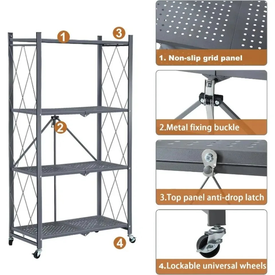 Foldable Metal Storage Rack Multifunctional Living Room Shelf Multilayer Installation Free Kitchen Organizer Trolley Bookshelf
