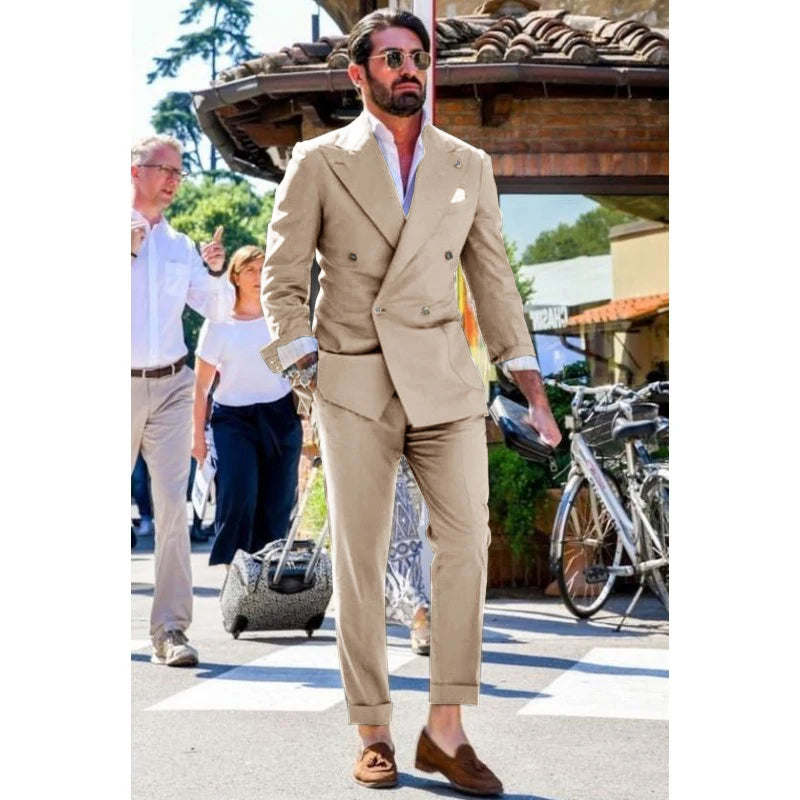 Men's Suit Two-piece Solid Color Double Breasted Fashion Spike Lapel Slim Fit Cropped Pants Casual Business Party Suits 2023