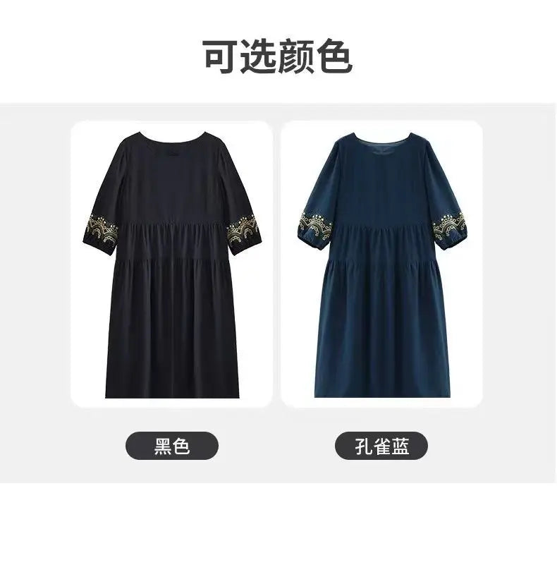 Oversized Women Vintage Long Dress Fashion Casual Spring Summer New 3/4 Sleeve Indie Folk Embroidery Big Size Pullover Midi Robe