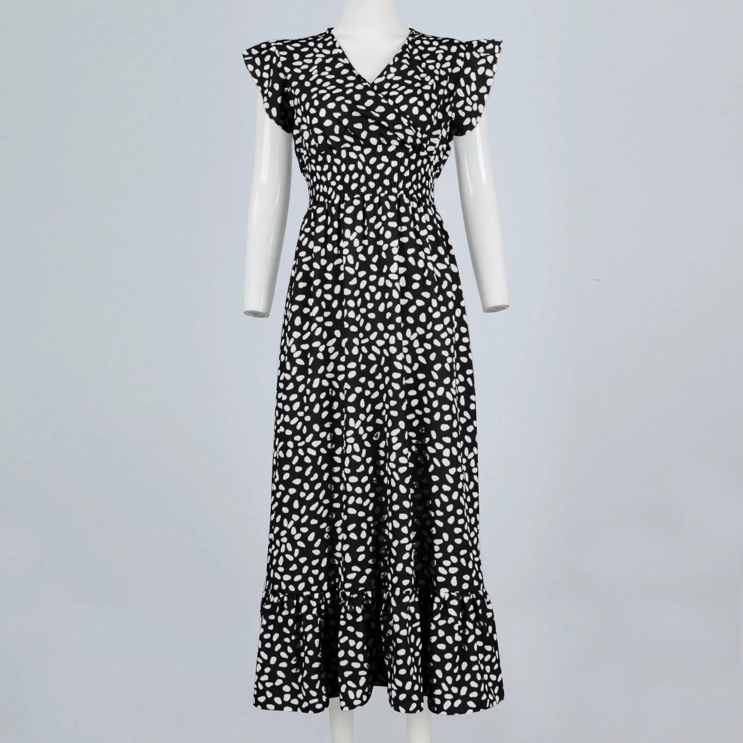 Polka Dot Dress For Women Sexy V-Neck Long Dress Casual And Fashionable Ruffle Edge Short Sleeved High Waisted Dress