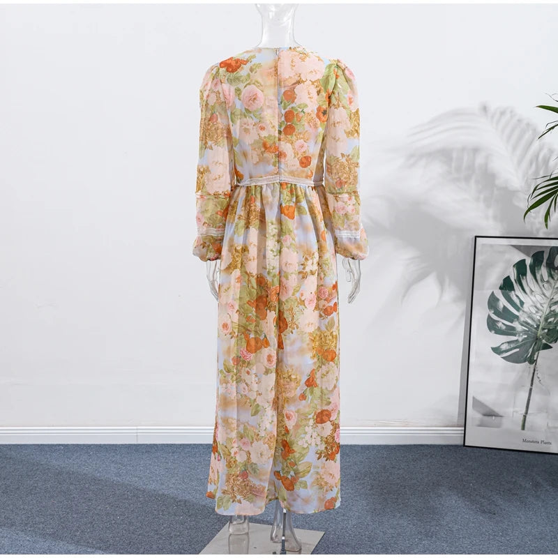 Fashion Print V-neck Women's Maxi Dresses Elegant Pleated Long Sleeve Loose Long Dress Female Summer Chic Casual Holiday Party