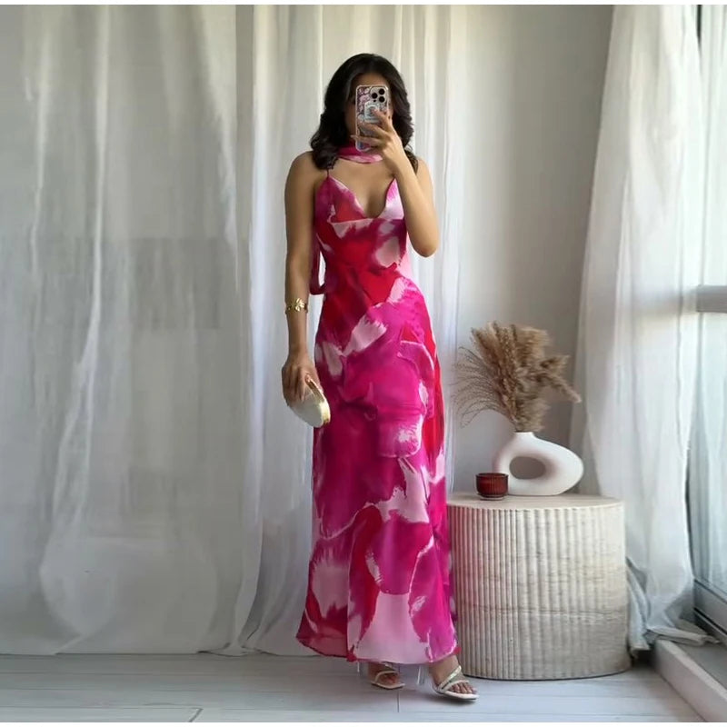 Elegant Printed Tighte Waist Women's Long Dress V-neck Slim A-line Robe 2025 Summer Beach Holiday Style Female's Long Dresses