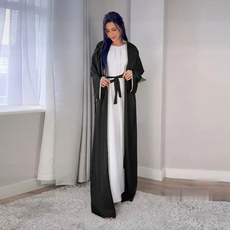 2024 Muslim Dress Diamond Women's Long Dress Fashion Long Sleeve Lace-up Long Abayas Casual Solid Color Clothes for Muslim Women