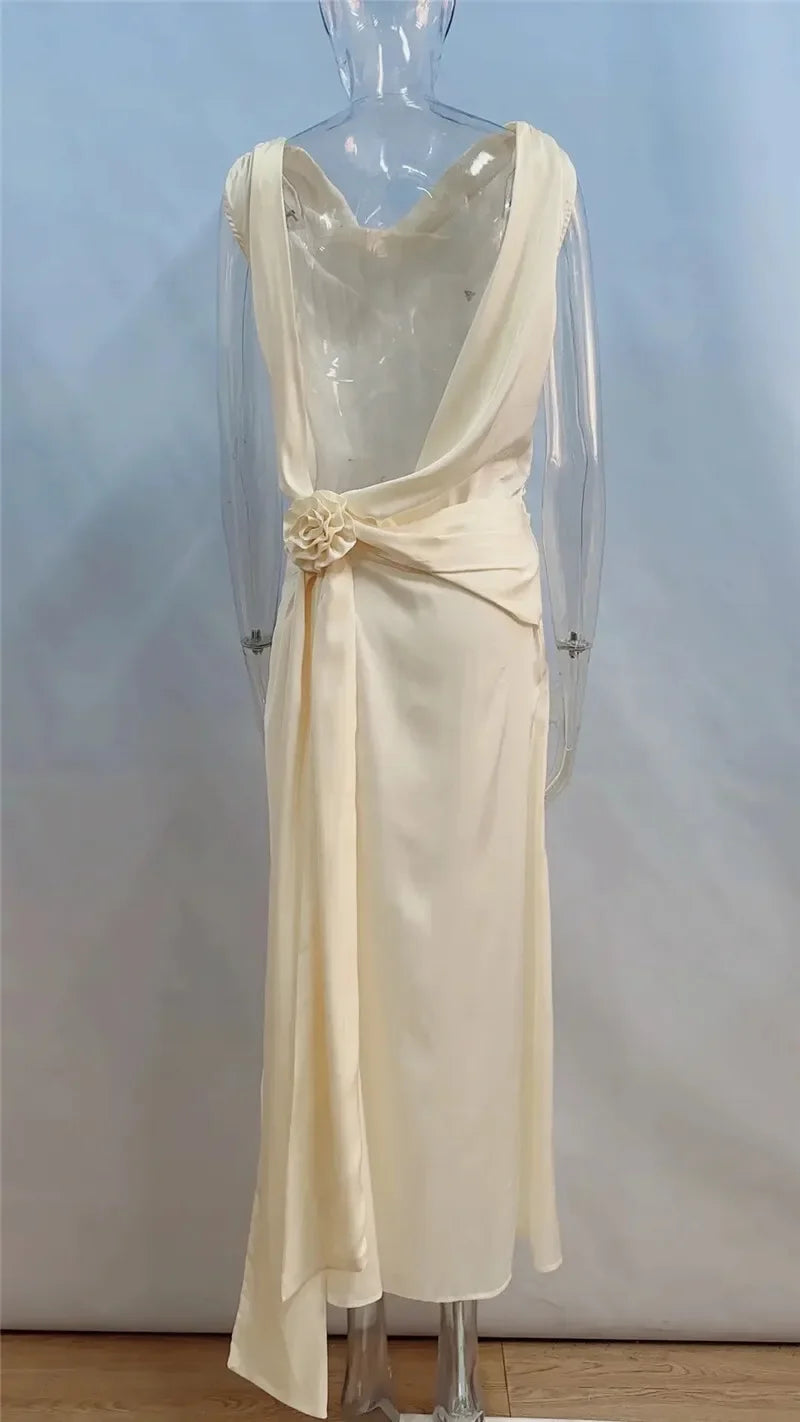2025 Satin Backless Sexy Long Dress for Women Elegant Rose Thigh High Waist Beach Holiday Gorgeous Club