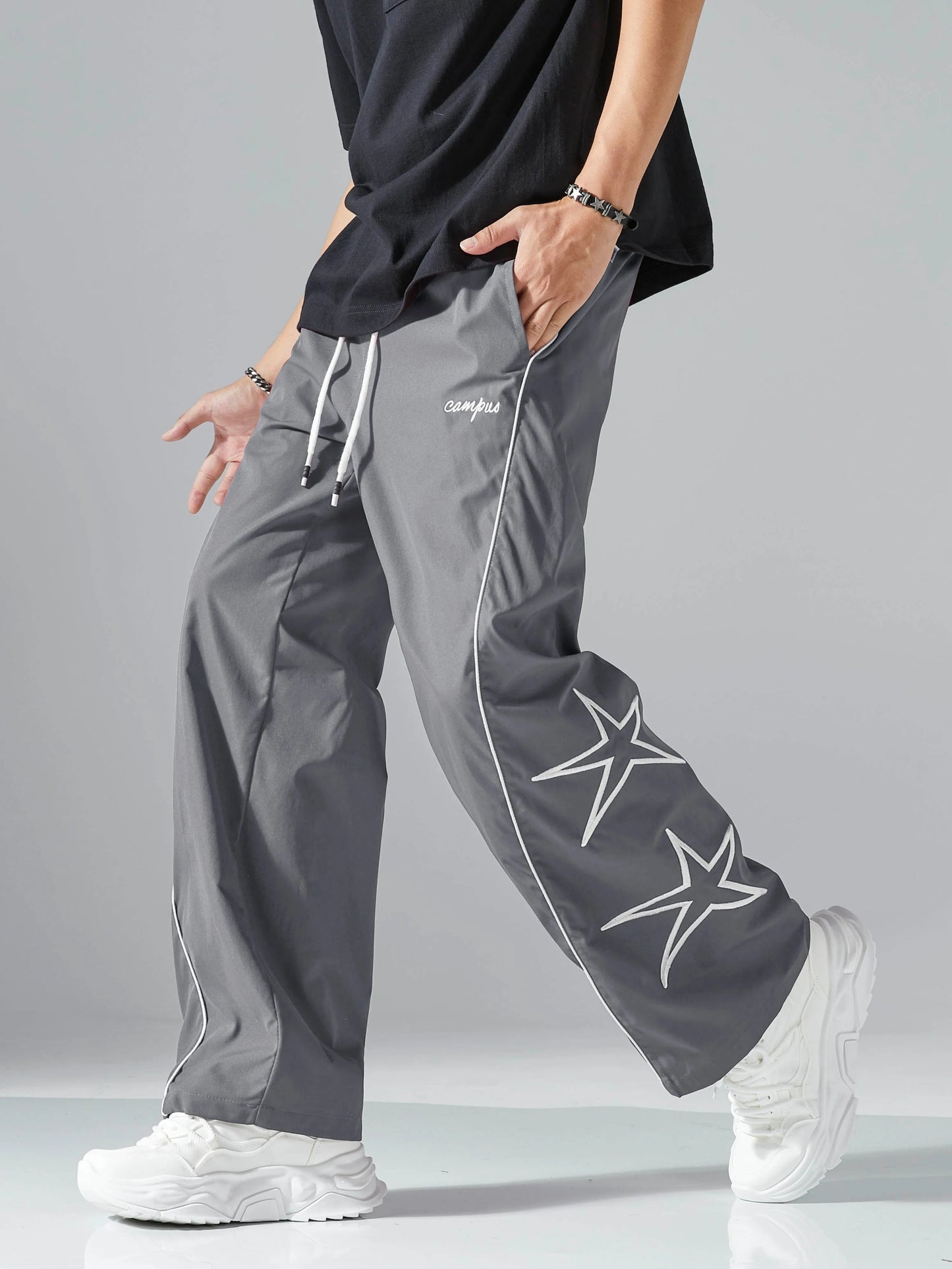 Larbulse Men Contrast Trim Trouser Fashion Casual Pants Solid Color Breathable Loose Straight Drawstring Pants Streetwear