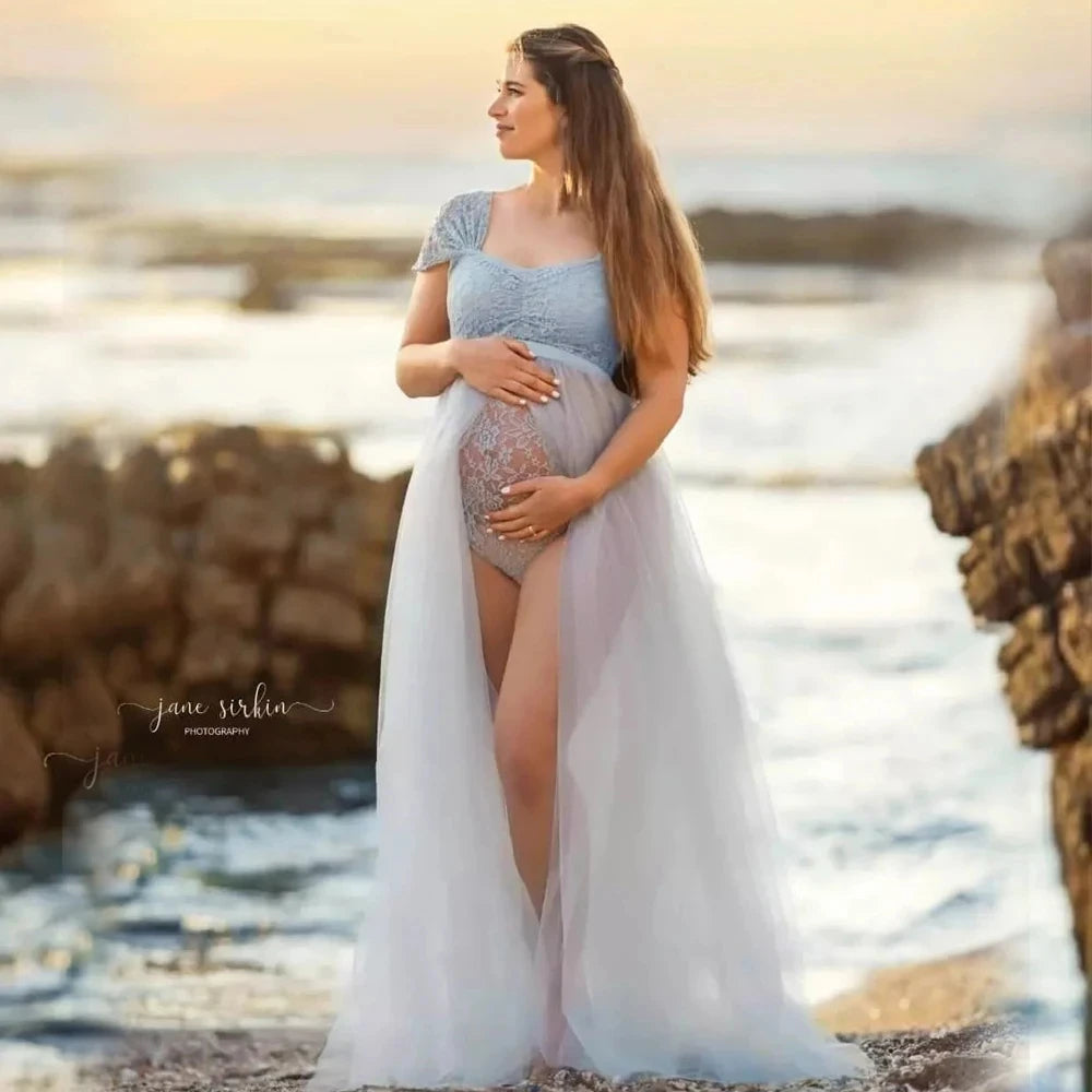 Bohemian Photo Shooting Pregnancy Dress Lace Bodysuit Tulle Long Dress Boho Style Maternity Dresses For Photo Shoot