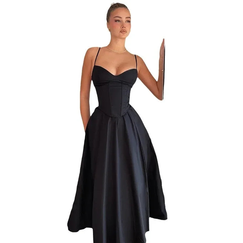 Sexy V-Neck Tank Long Dress Black Open-Back Sexy Dress Women's Summer New Arrival 2024 Fashion French Style Cross-Border Design