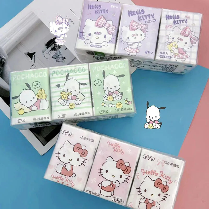 Kawaii Hello Kitty Handkerchief Paper Cartoon Sanrio Pochacco Kitty Printed Napkins Portable Small Pocket Tissues Facial Paper