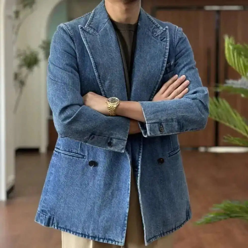 Autumn Denim Jacket Men Blazer Masculino Italian Style Double Breasted Blazer Men Lapel Collar Casual Business Blazer Hombre