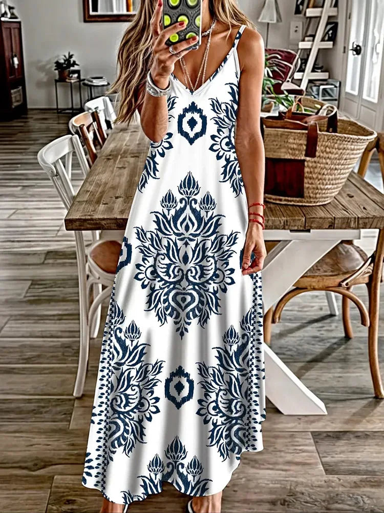 Summer New Animal Fresh Print Sexy And Fashionable V-neck Suspender Dress Outdoor Travel Seaside Vacation Casual Long Dress
