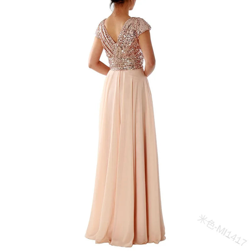 Elegant Sequins Chiffon Dress for Women V Neck Pleated Hem Female Sequins Chiffon Prom Cocktail Long Dress Wedding Evening Dress