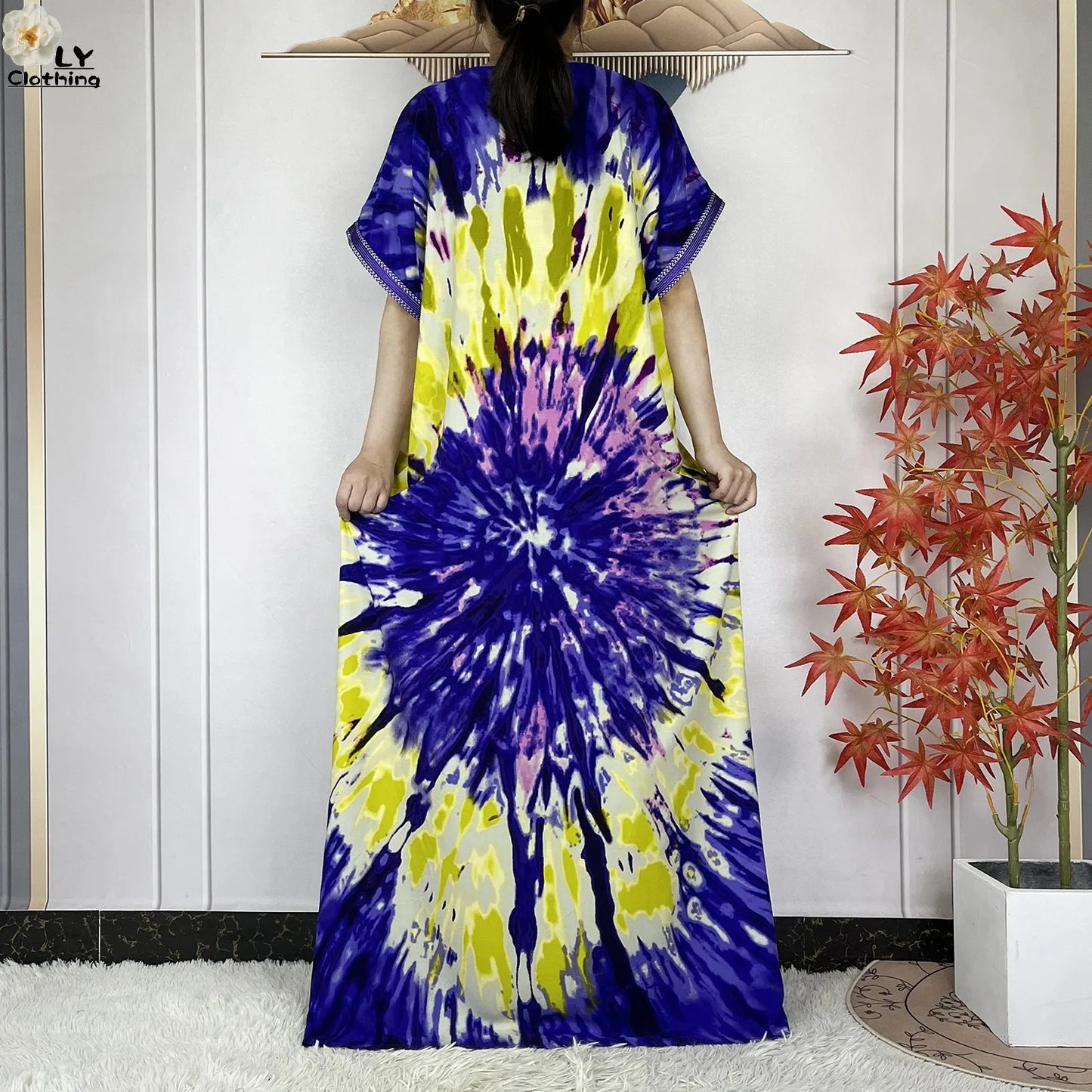 2024 New Style Short Sleeve African Dashiki Tie-dyed Cotton Abaya Caftan Lady Summer Maxi Islam Casual Dresses With Big Scarf