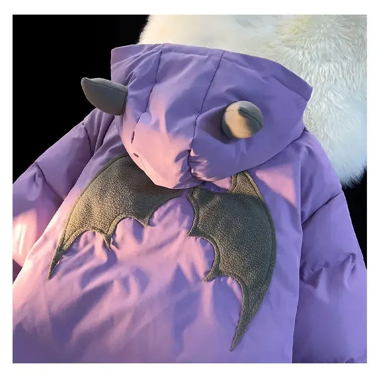 Winter New Cotton Jacket Devil Wing Embroidery Bread Jackets Men's Women's Vintage Harajuku Casual Loose Hooded Cotton-padded