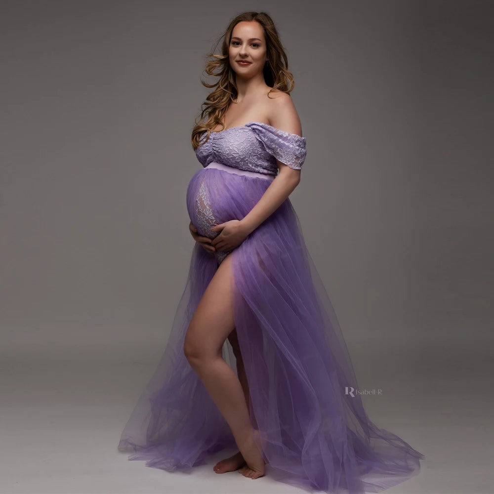 Bohemian Photo Shooting Pregnancy Dress Lace Bodysuit Tulle Long Dress Boho Style Maternity Dresses For Photo Shoot