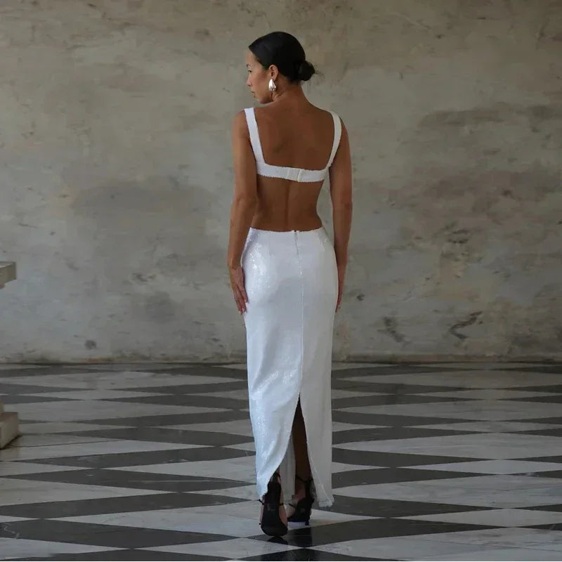 Sexy Square Neck Sling Long Dress Women Slim Sleeveless Backless Hollow Out Maxi Dresses 2025 Lady Party Christmas Gowns