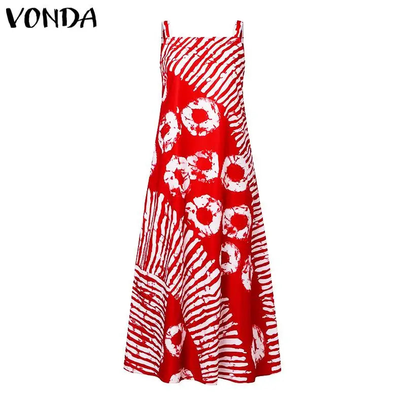 Plus Size Maxi Long Dress Bohemian Sleeveless Printed Party Sundress 2024 VONDA Summer Tank Vestidos Beach Loose Casual Robe