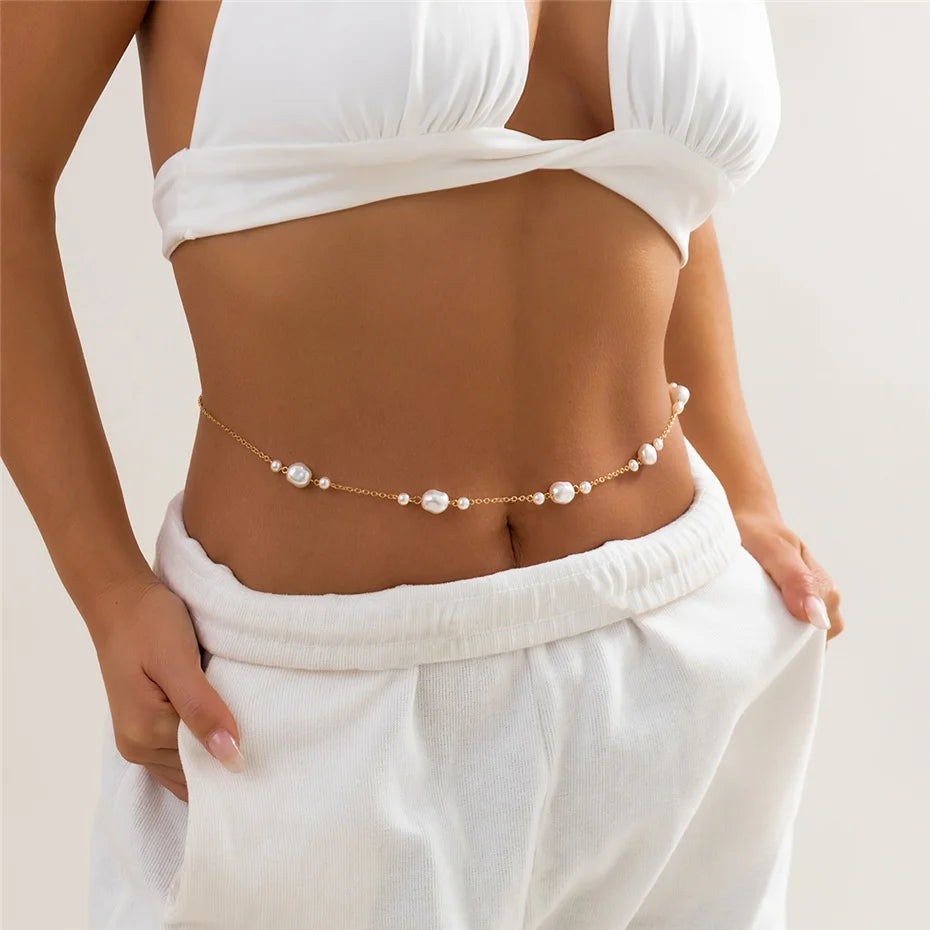 Ingemark Sexy Imitation Pearl Waist Belly Belt Chain for Women Summer Beach Bikini Boho Vacation Body Jewelry Y2K Accessories