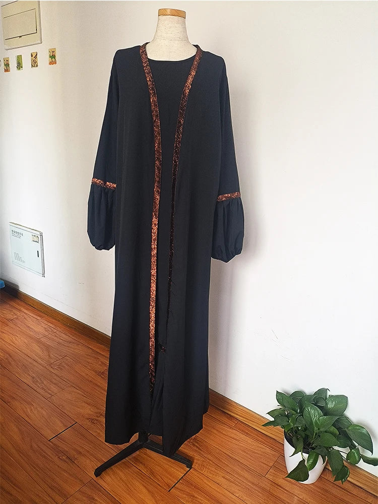 Muslim Women Hijab Dress 2 Piece Set Eid Lantern Sleeve Maxi Long Dress Islamic Clothing Caftan Kimono Big Swing Abaya Dresses