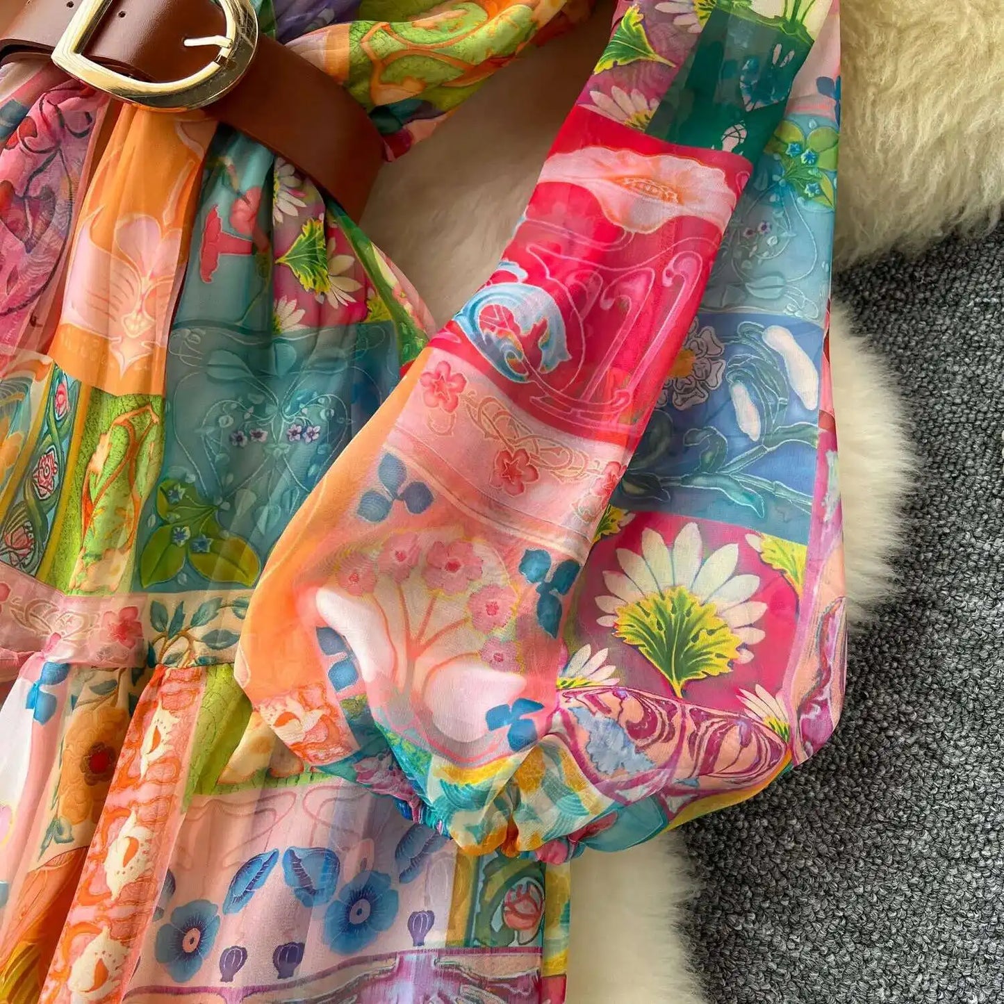 XFPV 2025 Spring New Fashion High-end V-neck Lantern Sleeves High Waist Print Swing Ruffle Edge Chiffon Long Dress Women SM11517