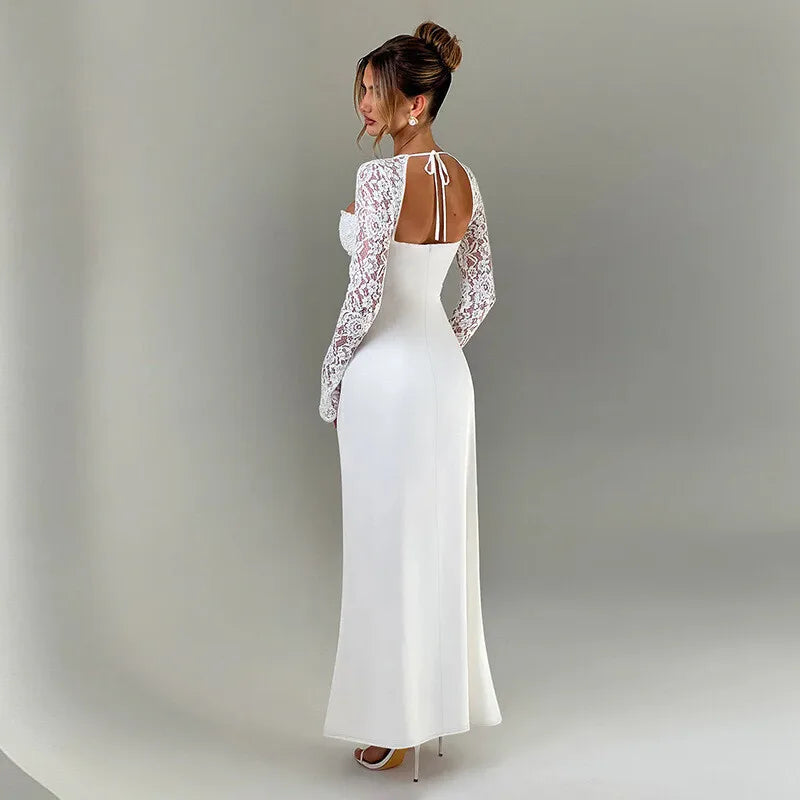 Mozision Lace Long Sleeve Sexy Maxi Dress Women Autumn New Square Collar Backless Lace-up High Split Sexy Club Party Long Dress