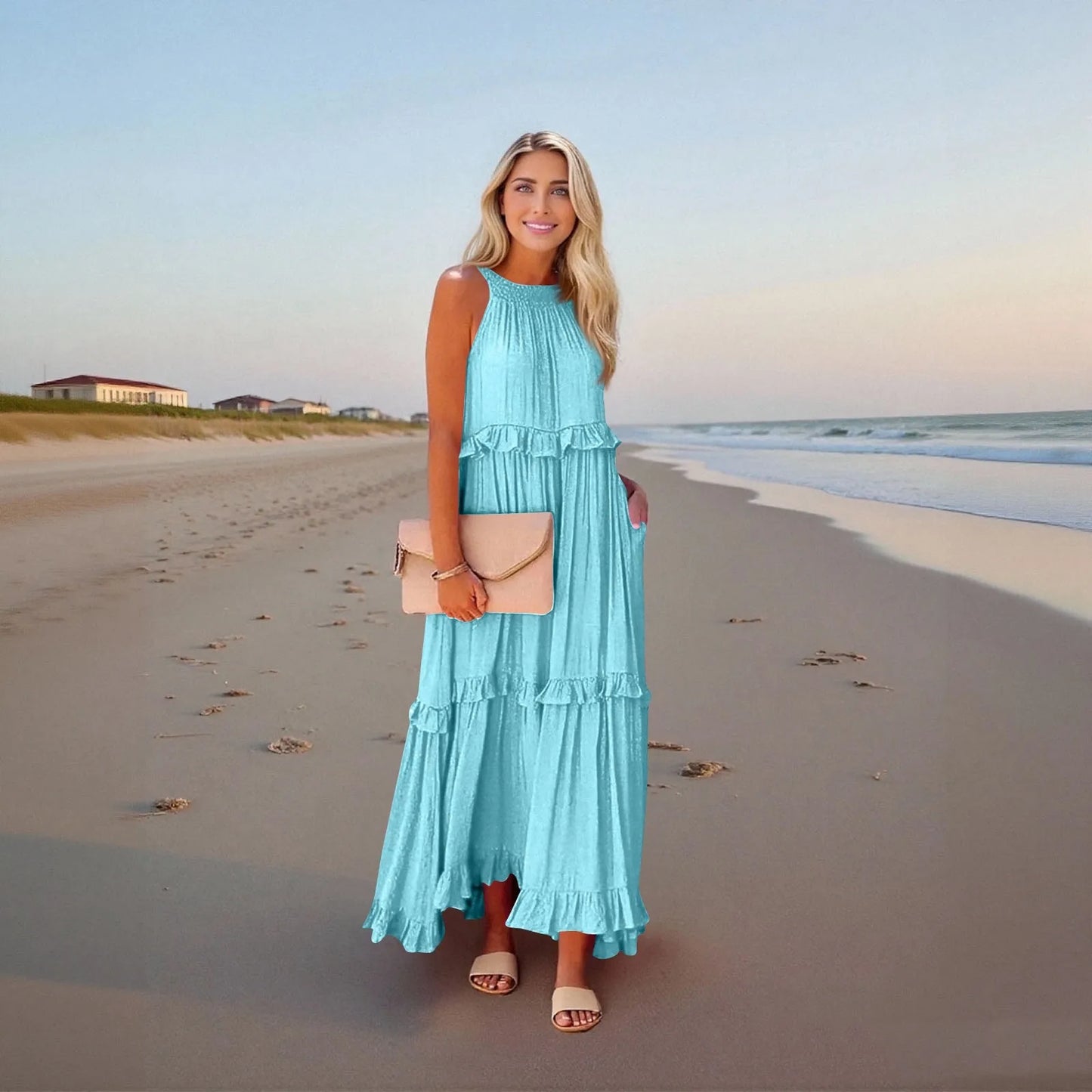 Women's Ruffled hem layered long dresses Summer Sleeveless backless dress Fashion Long Dress Big Swing Beach Dress vestidos