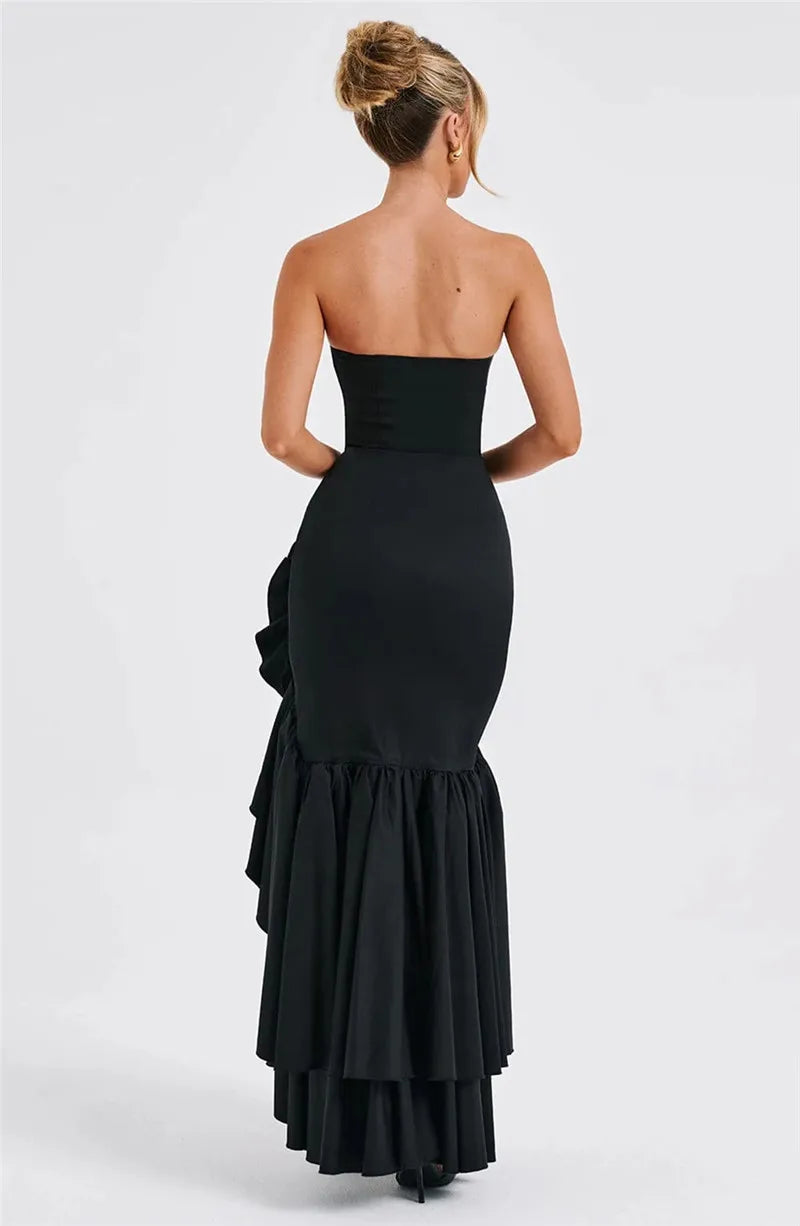 Mozision Strapless High Split Ruffle Long Dress For Women Fashion Off-shoulder Backless Sleeveless Bodycon Club Party Sexy Dress