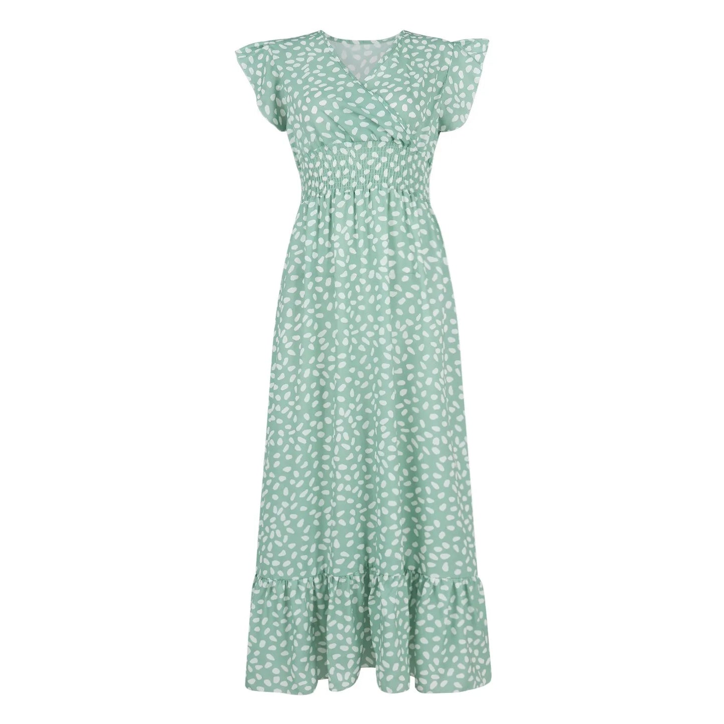 Polka Dot Dress For Women Sexy V-Neck Long Dress Casual And Fashionable Ruffle Edge Short Sleeved High Waisted Dress