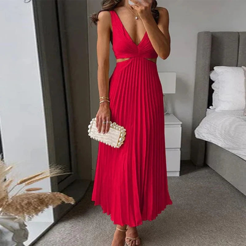 Casual Multi-color Sleeveless Party Dress Elegant High Waist Long Dress for Women Summer Sexy Deep V Hollow Pleated Beach Dress