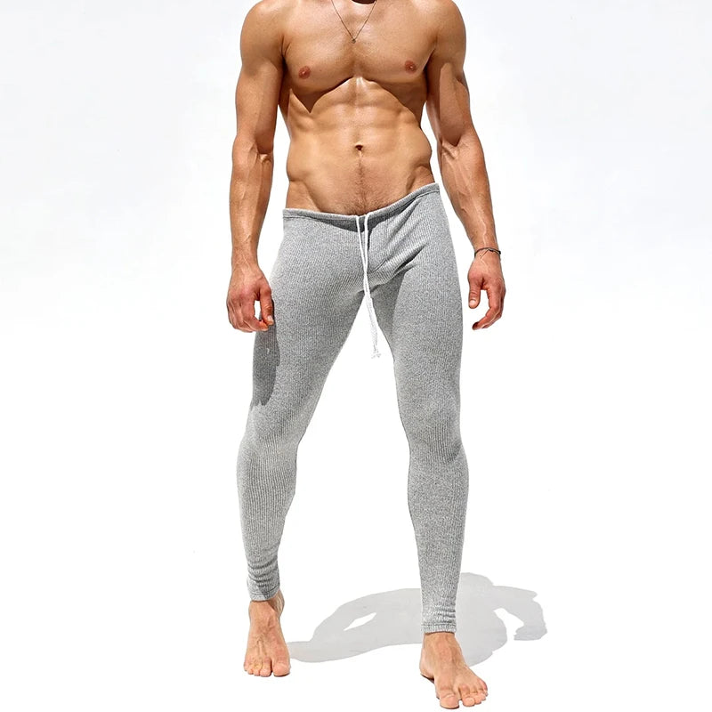 Sexy Stretch Slim Fit Knit Pants Mens Pajamas Autumn Casual Drawstring Solid Color Ribbed Knitted Pants For Men Spring Trousers