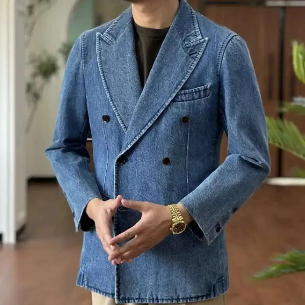 Autumn Denim Jacket Men Blazer Masculino Italian Style Double Breasted Blazer Men Lapel Collar Casual Business Blazer Hombre