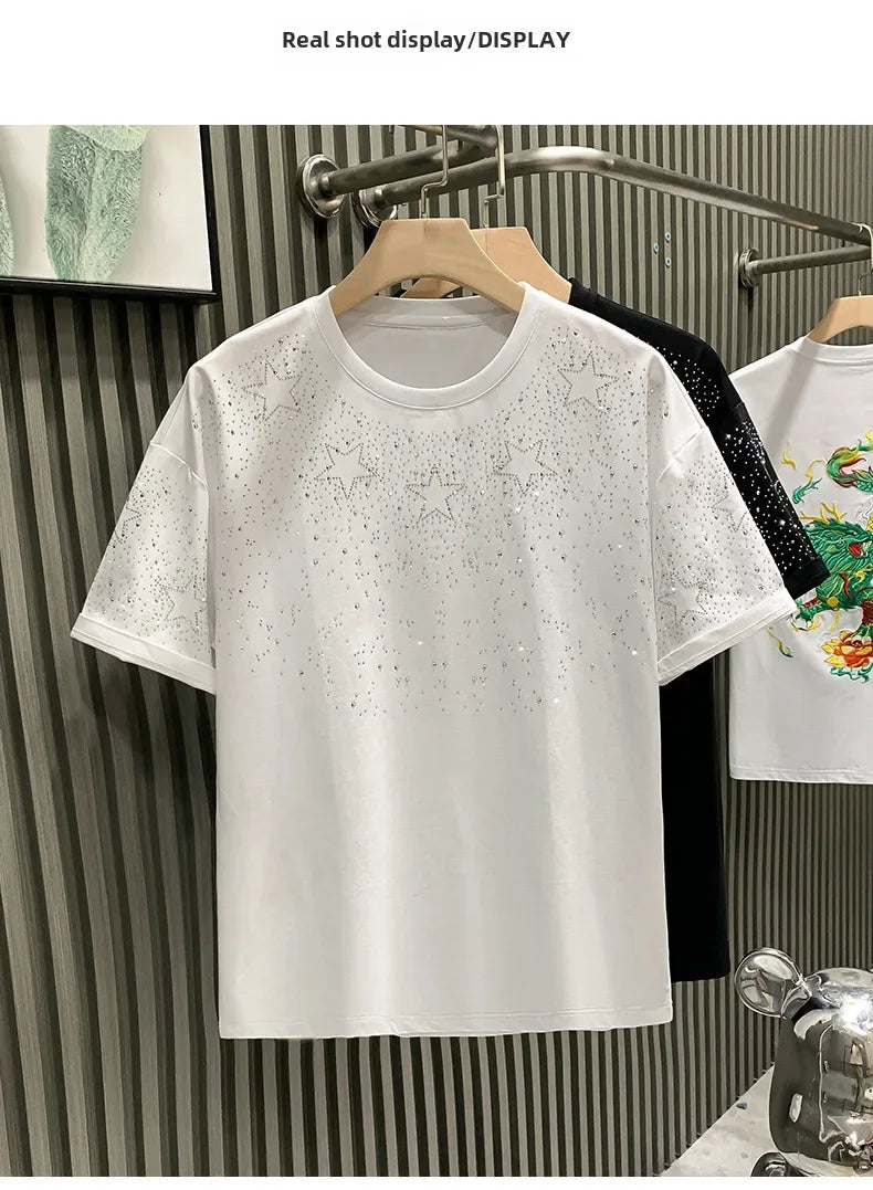 Fashionabletrendy European Style Luxury Men's Short Sleeve T-shirt Star Embroidery Network Red Hot Sell Niche Half Sleeve Tee
