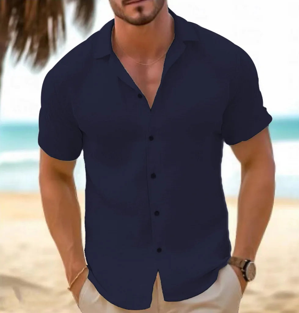 Summer Men's Shirt Short-sleeved Button-down Lapel White Top Casual Simple Black Blouses for Male