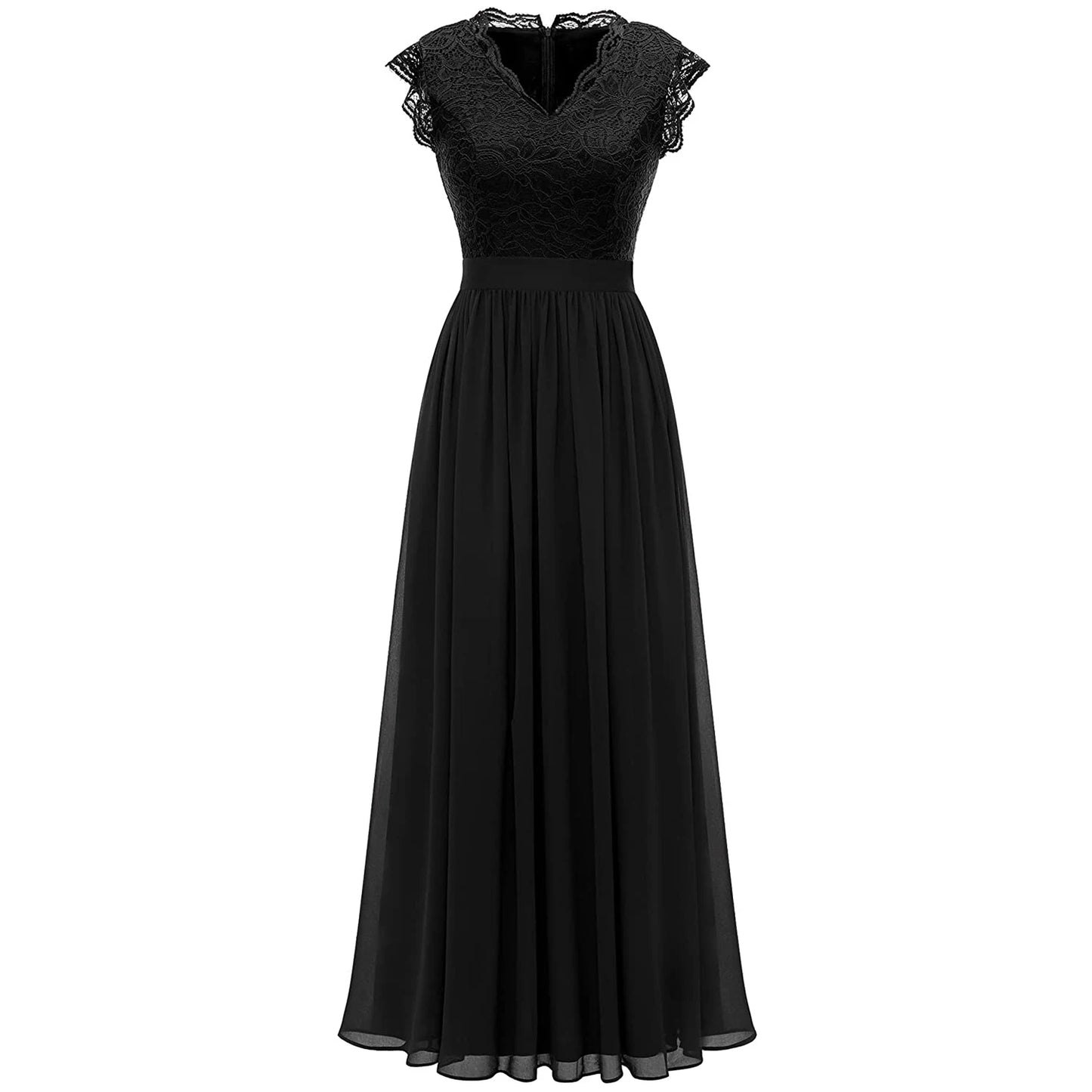 Elegant Women's Party Bridesmaid Long Dress Lace Patchwork Chiffon Sleeveless Wedding V Neck One Piece Formal Party Midi Dress