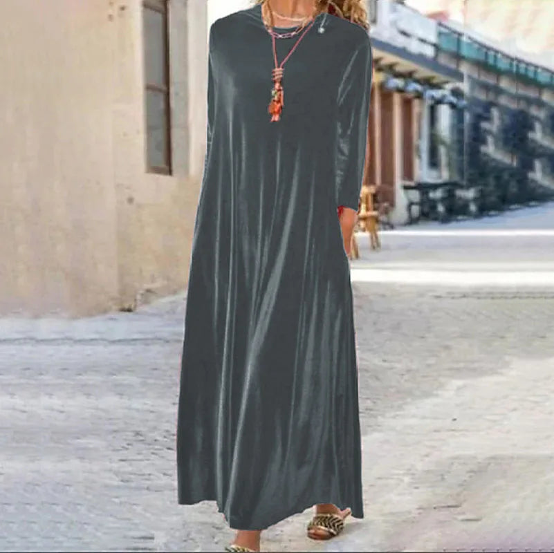 Spring and Summer New Gold Velvet European and American Slim Style Round Neck Long Dress