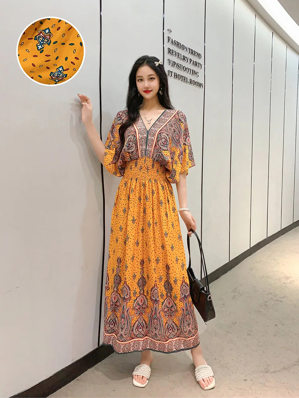V-neck Large Skirt Hem Casual Sweet Holiday Long Dress Bat Sleeves Elastic Waist Bohemian Print Floral Elegant Dresse For Women