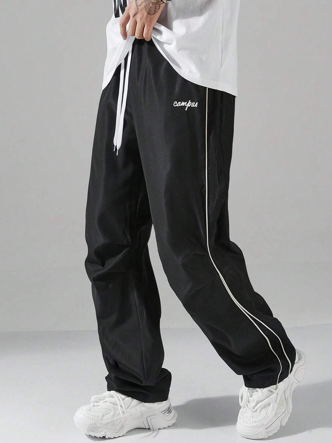 Larbulse Men Contrast Trim Trouser Fashion Casual Pants Solid Color Breathable Loose Straight Drawstring Pants Streetwear
