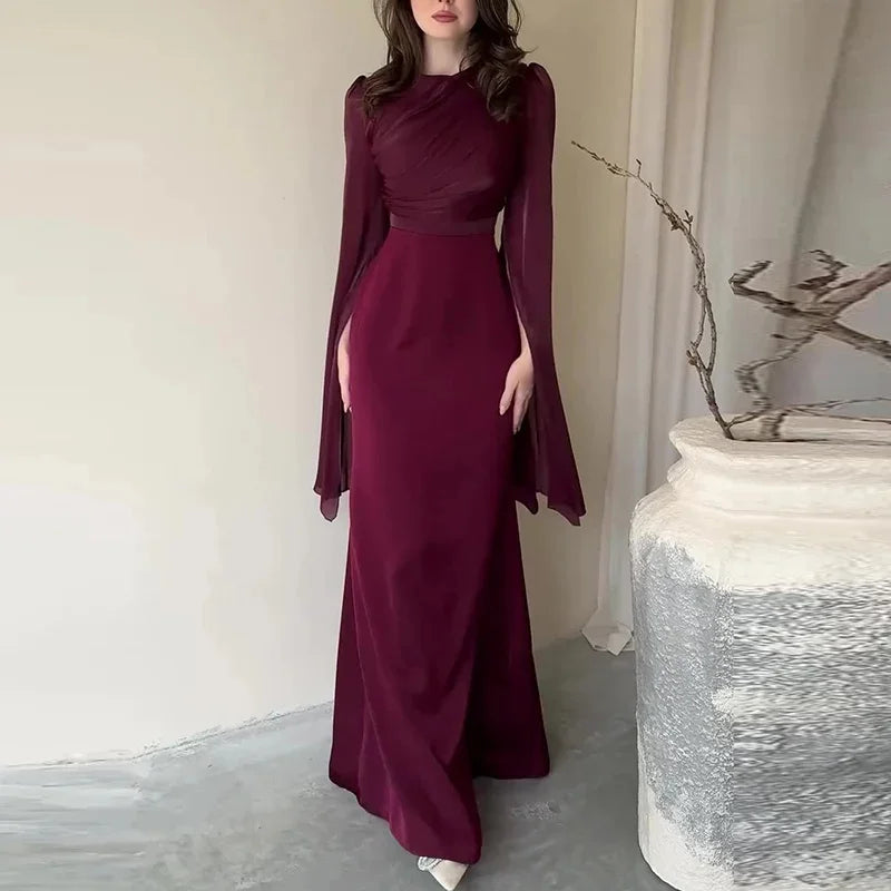 Fashion Satin Solid Robe Dress Women Elegant Batwing Sleeves High Waist Pleats Long Dress Stylish Glass Tulle Slim Evening Dress