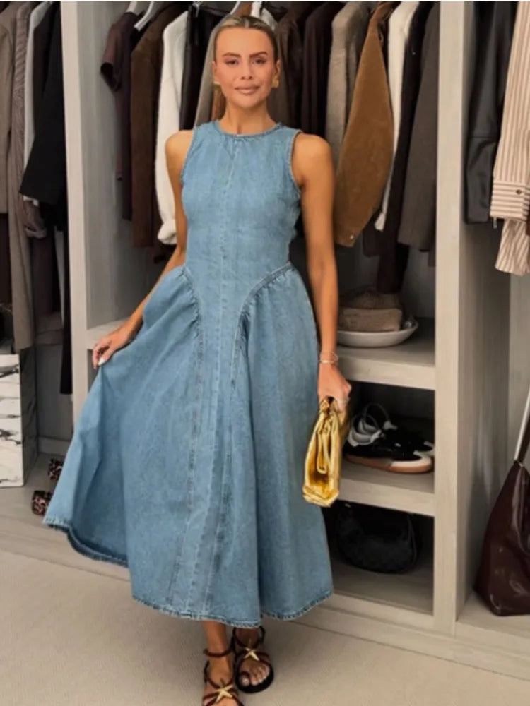 Women Blue Denim Pleated High Waist A-line Long Dress Sexy Backless Sleeveless Lace-up Vestidos Elegant Street Party Dresses