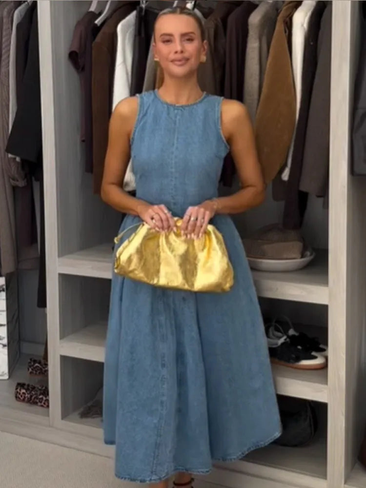 Women Blue Denim Pleated High Waist A-line Long Dress Sexy Backless Sleeveless Lace-up Vestidos Elegant Street Party Dresses