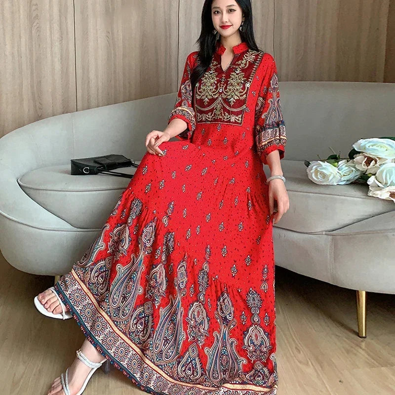 Summer Autumn Robe Maxi Long Dress Women Indian Clothes Boho Cotton Print Floral Boho Korean Style Fashion Casual Vestido Largos