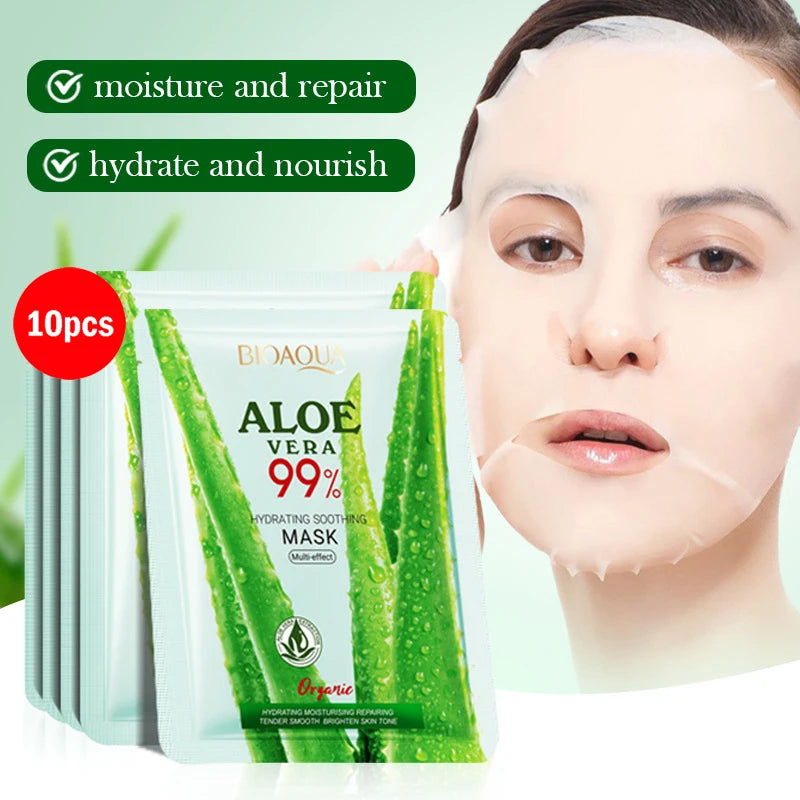 5/10pcs BIOAQUA Aloe Vera Moisturizing Facial Masks for Face Skin Soothing Brightening Firming Hydrating Facial Masks Skin Care