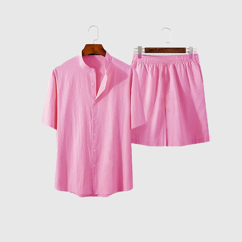 New Men's Hawaiian Set Summer Solid Color Stand Collar Short Sleeve Shirt&Beach Shorts Streetwear High Quality 2-Piece Set 2023